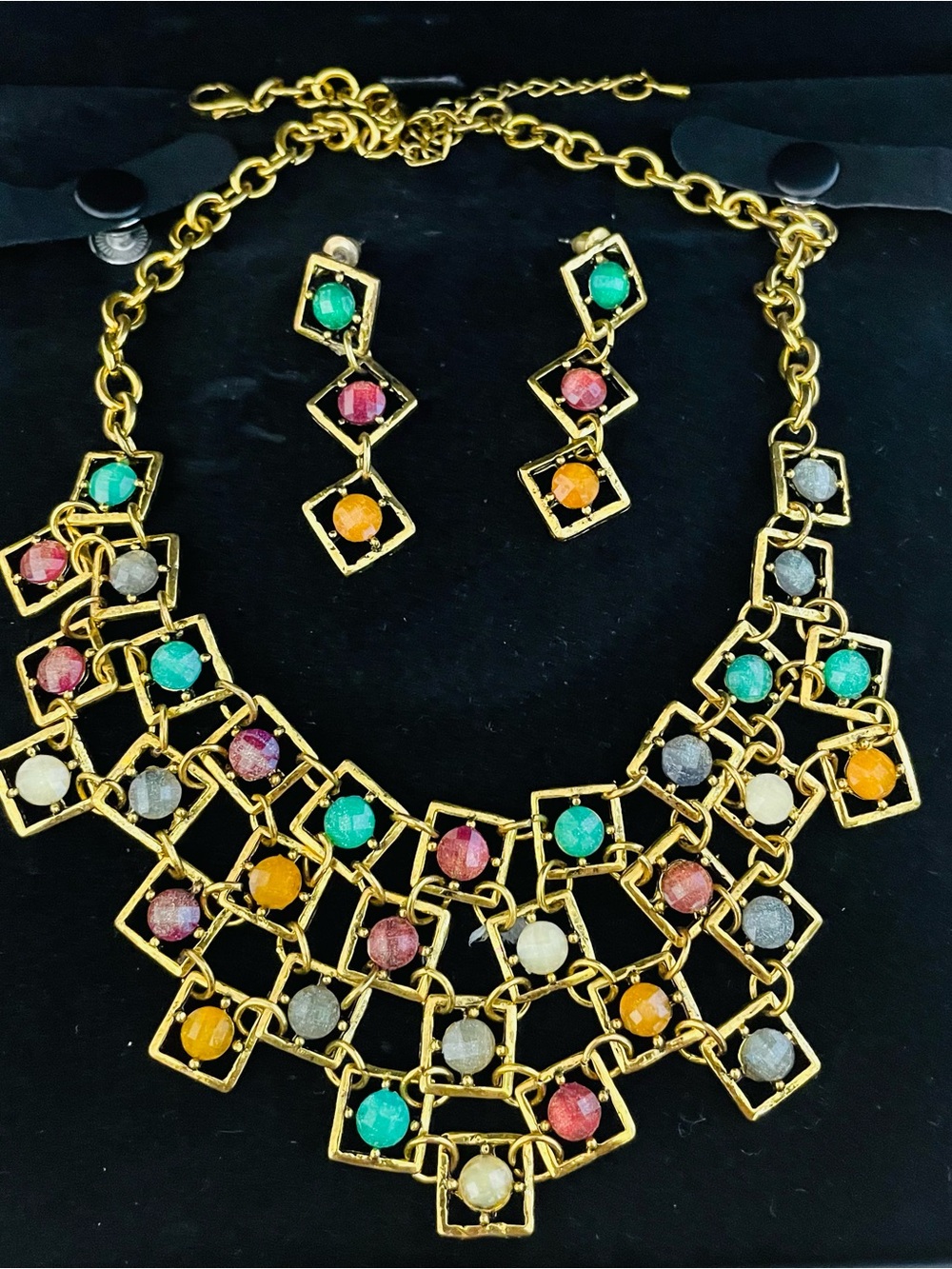 Premier Designs Gold-Tone Multicolor Square-Frame Necklace & Earrings Set